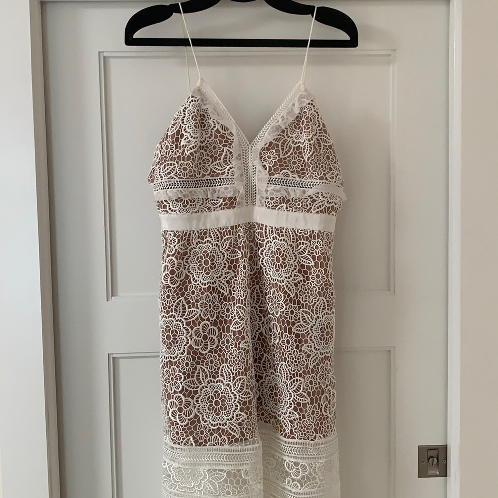 Self-Portrait White and Brown Lace Midi Dress